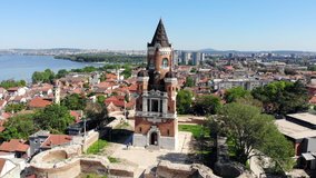 Drone video of Gardos tower, an important landmark of Zemun, Belgrade. City skyline, aerial view.