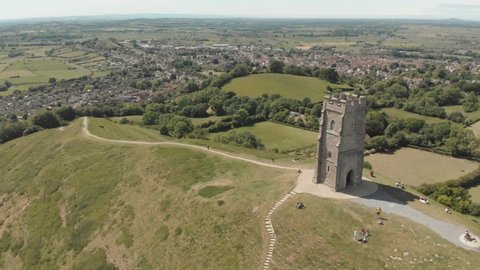 Aerial view of Glastonbury Tor & green Somerset countryside, England