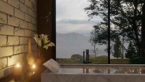 Bathroom with Marble Details and Nature View on a Rainy Day 3D Rendering