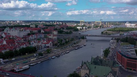 Aerial view of Szczecin's panorama and Odra river