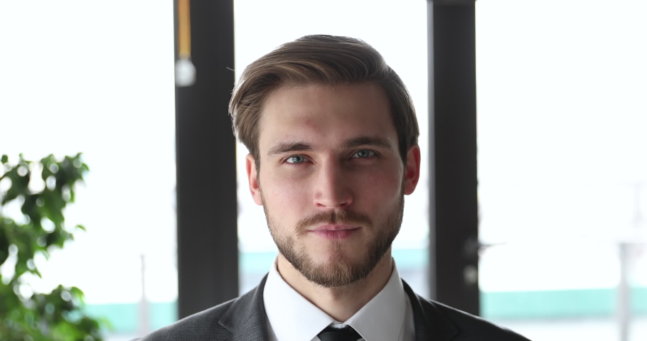 Handsome elegant classy confident young professional business man wearing suit and tie looking at camera. Smiling happy male ceo executive manager posing in office. Close up front face view portrait.