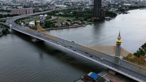Aerial view over  the bridge over the Chaopraya river in Thailand.