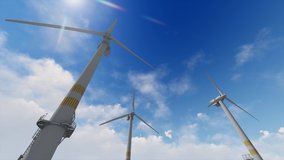 Time lapse of 4K resolution bottom view of wind turbines, wind power and alternative energy concept stock video