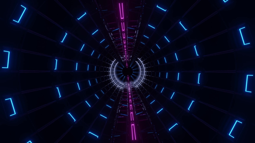 Motion graphics sci fi: futuristic passage inside dark short tunnel with pink hollow dotted straight lines and expanding intermittent teal circles | Shutterstock HD Video #1053843191