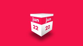 June day 22th calendar. Day twenty two of month. 3d cube video animation