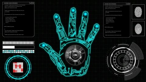 hud elements on a computer display with hand scanning and fingerprints on a screen
