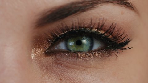 Extreme close up of human eye iris in 4K video. Female with beautiful makeup, glitter shadows and false lashes. Womens green eye contracting.