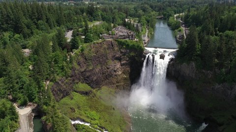 Aerial / drone footage of Snoqualmie Falls by Issaquah and North Bend near Seattle, Washington during the COVID-19 pandemic closure