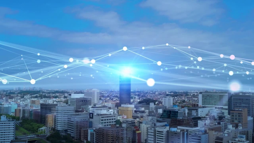 Modern city aerial view and communication network concept. Smart city. 5G. IoT. | Shutterstock HD Video #1053858803