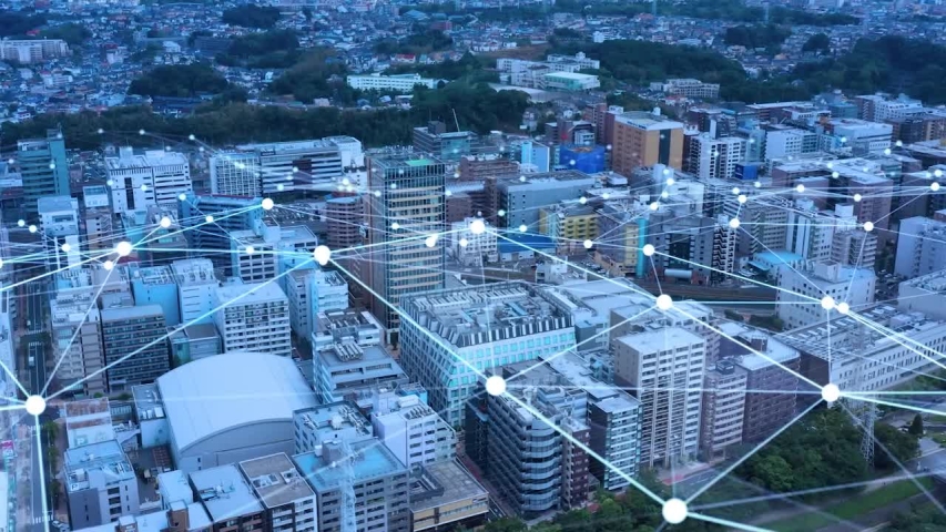 Modern city aerial view and communication network concept. Smart city. 5G. IoT. | Shutterstock HD Video #1053858860