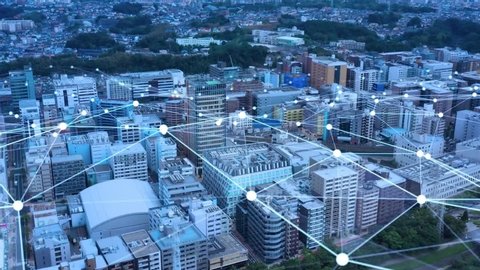 Modern city aerial view and communication network concept. Smart city. 5G. IoT.