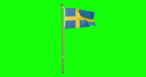 3d Sweden flag waving in the wind.National symbol of swedish country. Wood flagpole. Independence Day Concept. This is a 4k animation and Green screen or chroma key background.