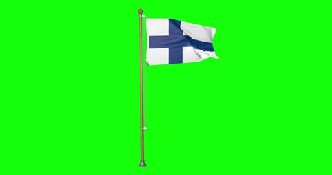 3d Finland flag waving in the wind.National symbol of finnish country. Wood flagpole. Independence Day Concept. This is a 4k animation and Green screen or chroma key background.
