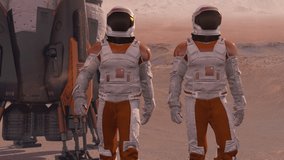 Astronaut wearing space suit walking on the surface of Mars. Exploring mission to mars red planet. Futuristic colonization and space exploration concept. Elements of this video furnished by NASA
