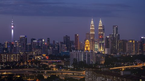 KUALA LUMPUR, MALAYSIA - FEBRUARY 11, 2019 : Time lapse of Kuala Lumpur city center with KLCC or Petronas Twin Tower in Malaysia from day to night. Prores DCI