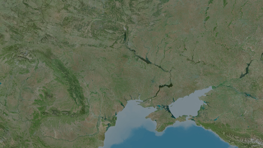 Kharkiv, region with its capital, zoomed and extruded on the satellite map of Ukraine in the conformal Stereographic projection