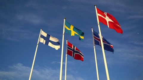 Static shot of scandinavian union flags, swedish, danish, norwegian and icelandic waving in wind on clear sky background