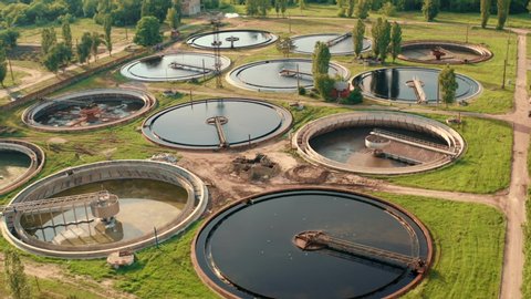 Aerial view of wastewater treatment plant, filtration of dirty or sewage water