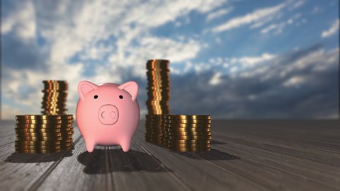 Piggy bank with coin stack on Wood flooring 3D Rendering and Sky Time Lapse background. concept saving, investment and financial growth.
