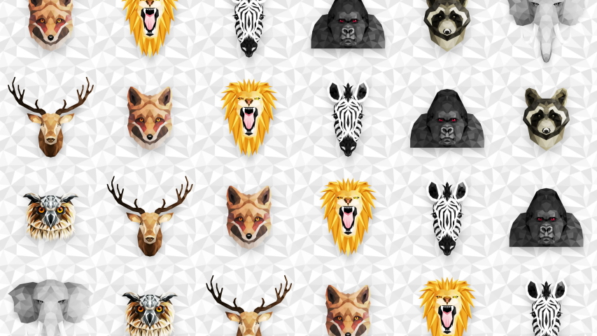 Collection of different animals. Zoo symbol. Low polygon icons. Lion, Gorilla, Zebra, Raccoon, Fox, Elephant, Deer, Owl. Geometric loop animation set.