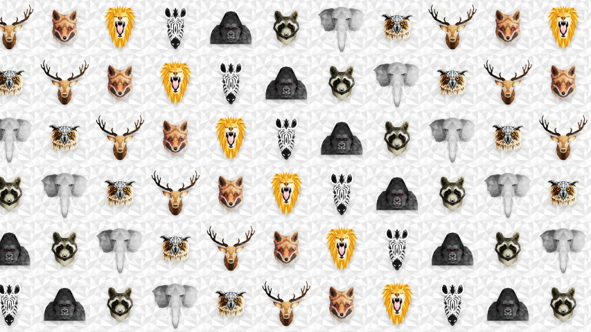 Collection of different animals. Zoo symbol. Low polygon icons. Lion, Gorilla, Zebra, Raccoon, Fox, Elephant, Deer, Owl. Geometric loop animation set.