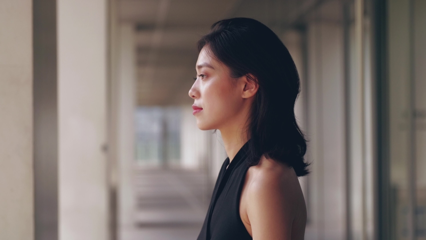 Close up side view of one young beautiful Chinese woman looking at camera smile attractive elegant Asian lady in black dress portrait 4k slow motion | Shutterstock HD Video #1053916985