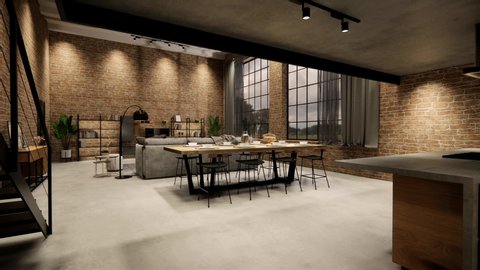3d rendering. Interior house modern open living space with kitchen. modern style Duplex apartment residence. Home decoration modern loft  interior design.