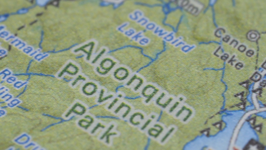 Closeup Of Algonquin Provincial Park Map, Ontario Canada