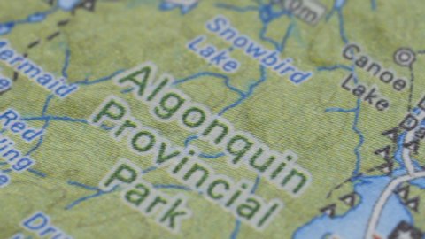 Closeup Of Algonquin Provincial Park Map, Ontario Canada