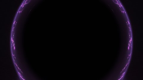 Neon light frame. Quantum teleportation. Purple glowing glitch circle on black copy space background.