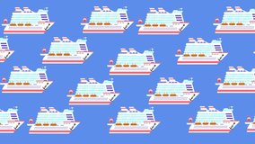 Abstract flat animation of a cruise ship with smoke from a chimney moving horizontally and a helicopter landing on a landing pad.