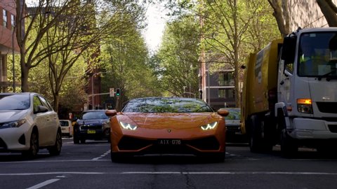 Sydney / Australia - 09 01 2018: Lamborghini Huracan Spyder Driving through Traffic on a Surface Street.
