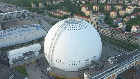 Stockholm, Sweden, 2020-04-28: Stockholm Ericsson Globe arena in Stockholm, aerial view of the arena district