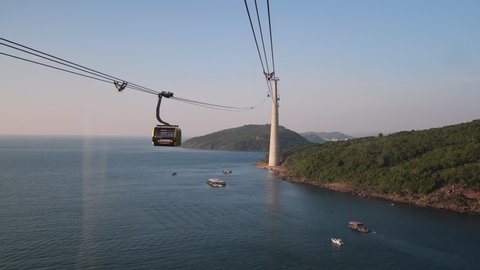 PHU QUOC, VIETNAM - NOVEMBER 15, 2019: Picturesque landscape observed from the cable car. Exciting ride on the longest cableway in the world