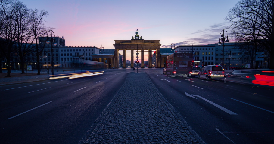 Berlin, Germany Brandeburg Gate sunrise hyperlapse in 4k with sun rays