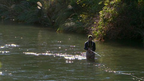 Taupo / New Zealand - 12 15 2019: Rack focus shot of a man fly fishing on a river at morning