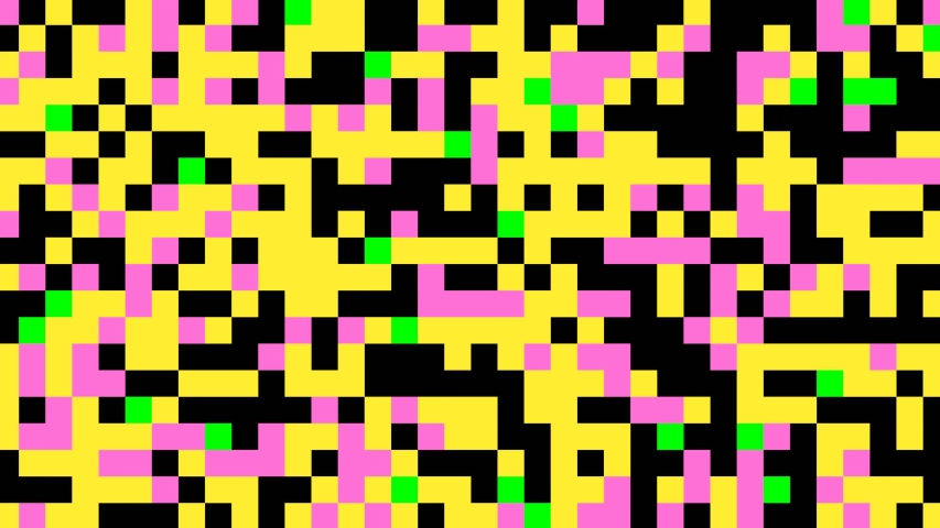 Colorful abstract animation of squares pattern - pixels changing colors. Seamless loop. Computer generated stop motion transition of square disco shapes over green mask.