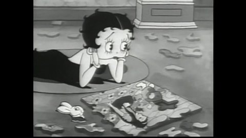 CIRCA 1935 - In this animated film, Betty Boop finishes an Alice in Wonderland themed puzzle, then the white rabbit springs to life.