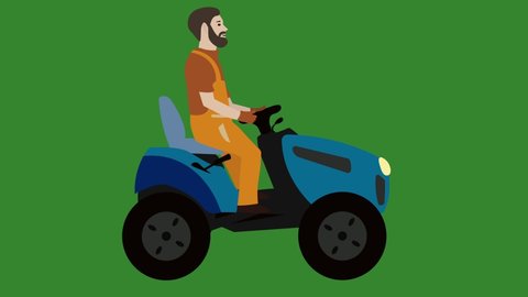 Farmer rides on a blue tractor. Tractor driver in 2d animation on a green background.