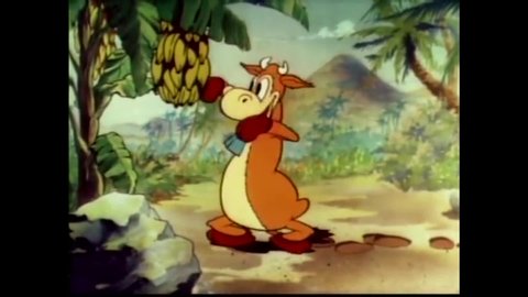 CIRCA 1936 - In this animated film, Molly Moo-Cow rides on a wooden raft and is shipwrecked on a tropical island where she finds bananas to eat.