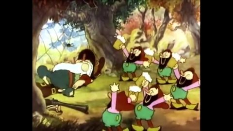 CIRCA 1935 - In this animated film, Molly Moo-Cow watches gnomes sing and drink a toast in the woods to Rip Van Winkle.