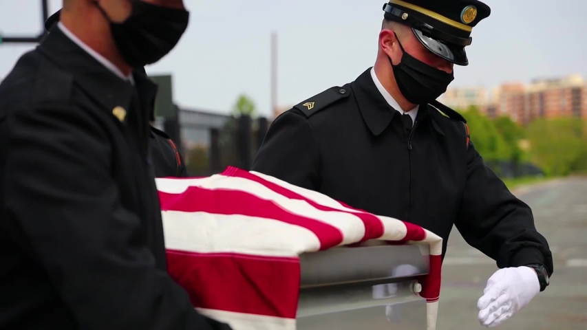 CIRCA 2020 - Soldiers at Joint Base Myer-Henderson Hall in Virginia conduct military funeral during the COVID-19 pandemic coronavirus outbreak.