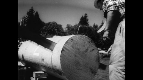 CIRCA 1957 - Sawing and axe throwing competitions take place in Albany, Oregon.