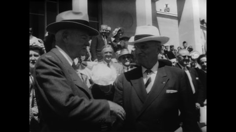 CIRCA 1957 - Former Presidents Truman and Hoover attend the opening of the Harry S. Truman Library in Independence, Missouri.