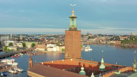 City Hall Stockholm drone aerial shot in summer light on beautiful evening