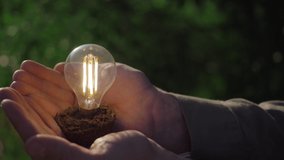 idea solar energy in nature, hand holding light bulb. Eco energy saving, alternative solar energy, renewable resources, electricity. hand holding light bulb. innovation and inspiration - Powered by Shutterstock - Get 15% off with code: PIKWIZARD15