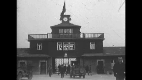 CIRCA 1945 - German citizens are brought to see Buchenwald Nazi Holocaust concentration camps.