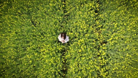 Happy woman running in a blooming yellow and green field. Spring rape. Drone flight over beautiful nature. Landscapes of Europe
