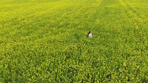 Happy woman walking in a flower every flight with yellow flowers. Spring rape. Drone flight over beautiful nature