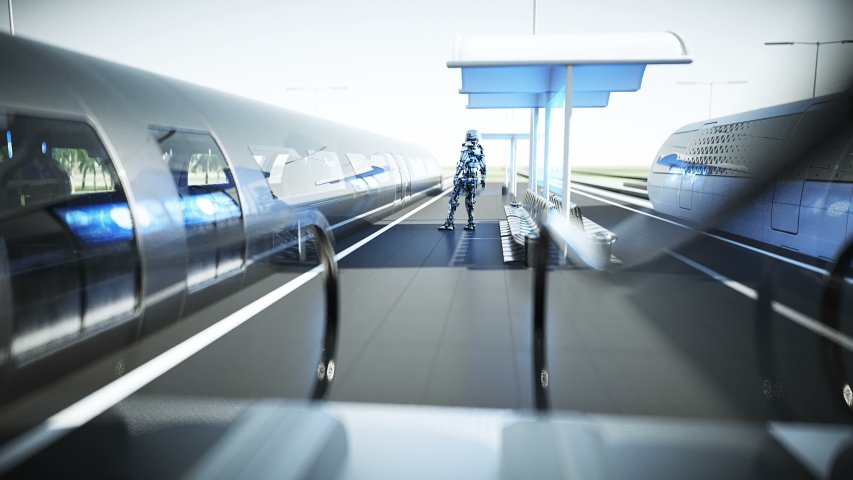 Robot on the Sci Fi railway futuristic station. Future concept. Aerial view Realistic 4k animation